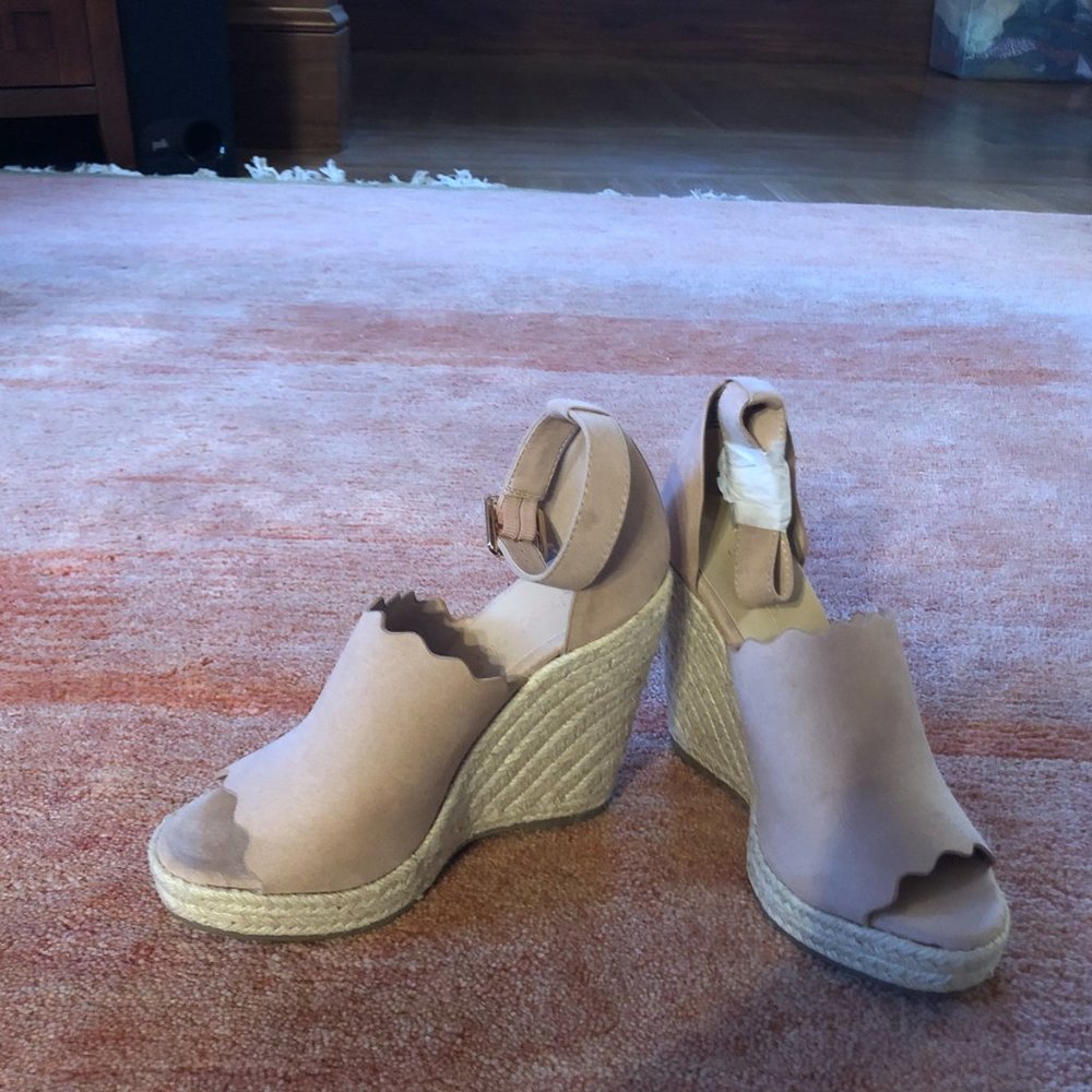 Scalloped blush Suede Espadrilles wedge heels